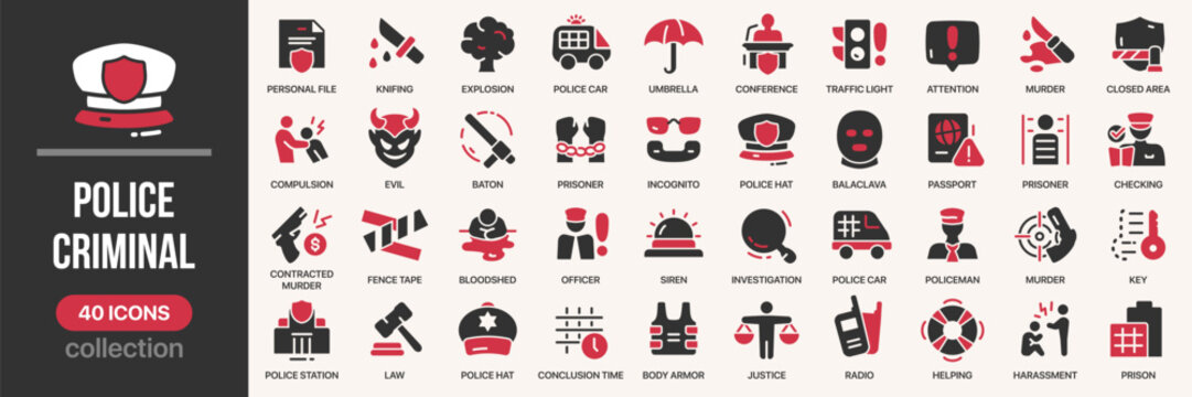 Police and criminal fill icon collection. Includes crime, investigation, weapons, law enforcement. Created in colored style with red palette