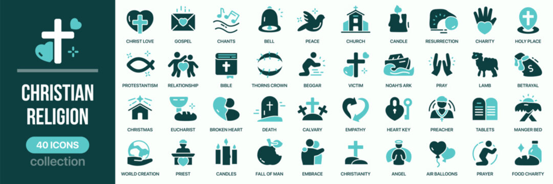 Christian religion fill icon collection. Includes Christianity symbols, prayer, bible stories, faith concepts, and church elements. Created in colored style with turquoise palette