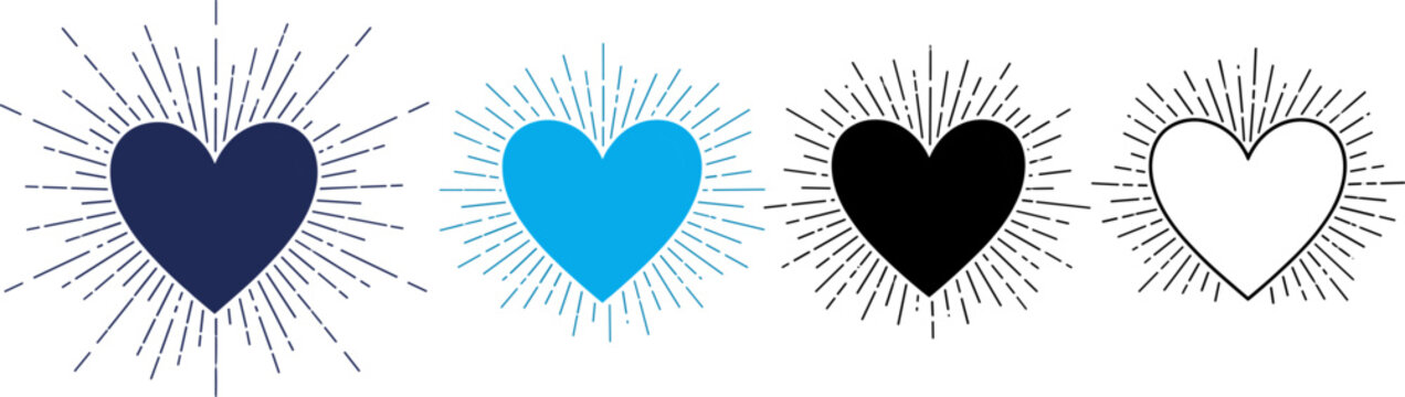 Vintage sunburst heart collection featuring retro linear rays and romantic symbols for Valentine day greeting cards and apparel prints
