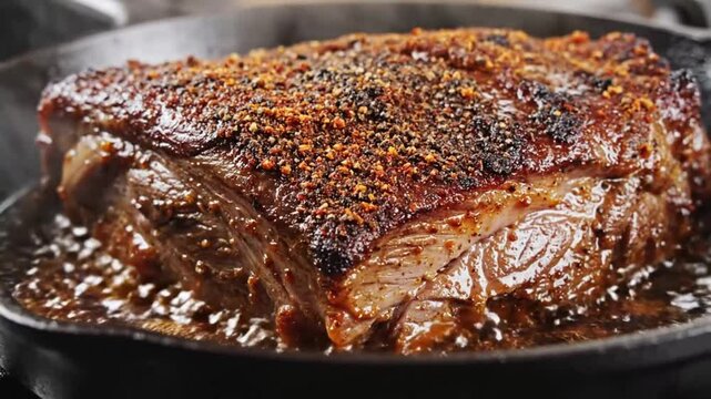 A delicious, juicy, and well-seasoned steak being cooked in a pan