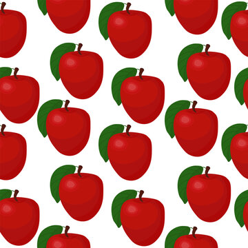 Rpe red apple seamless pattern with green leaves on white background, Classic fruit print for organic food packaging, kitchen textile or sscrapbooking