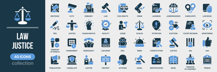 Law and justice fill icon collection. Includes courts, judges, rights, legal documents, democracy, and justice symbols. Created in colored style with blue palette © stas111