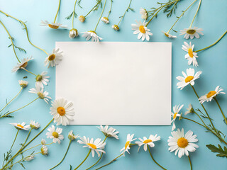 White paper card surrounded by chamomile flowers on blue background. 