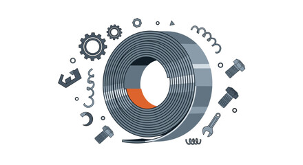 Industrial roll of gray material surrounded by various mechanical components like gears, bolts, and springs,