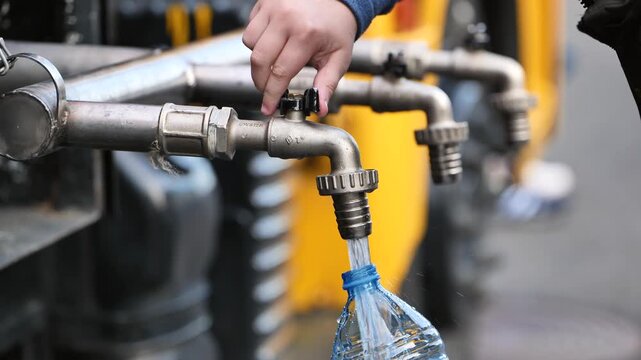 Child hand filling plastic bottle with water from outdoor faucet, hydrating