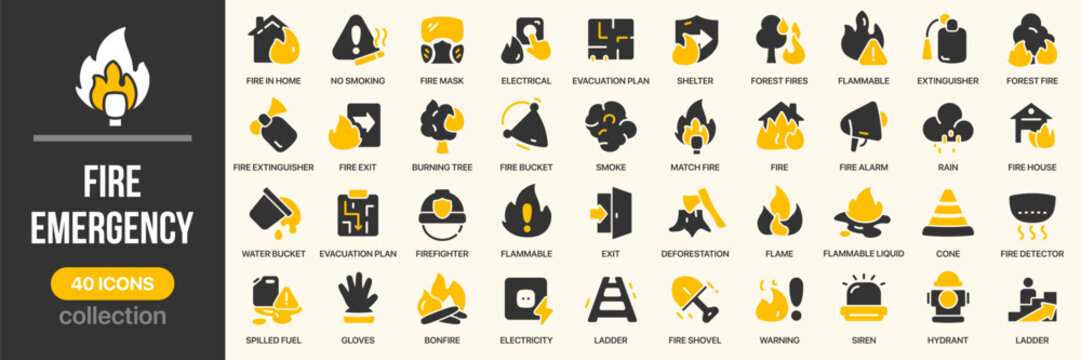 Fire and emergency fill icon collection. Includes fire safety, evacuation, alarms, firefighting equipment, and hazard symbols. Created in colored style with yellow palette