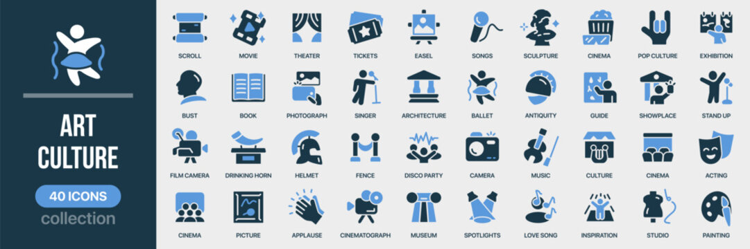 Art and culture fill icon collection. Includes cinema, music, theater, museums, creativity, and cultural activities. Created in colored style with blue palette