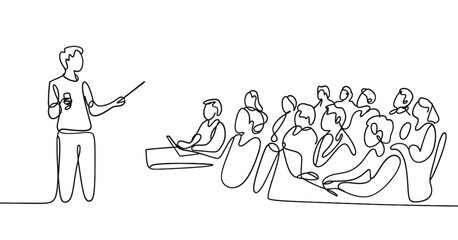 A continuous line drawing depicts a speaker presenting to an attentive audience