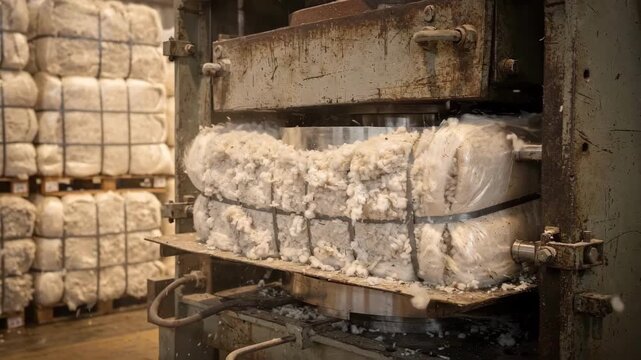 Medium shot of bale press compression chamber with hydraulic press actively squeezing lint steel bands blurred in background showing industrial efficiency.
