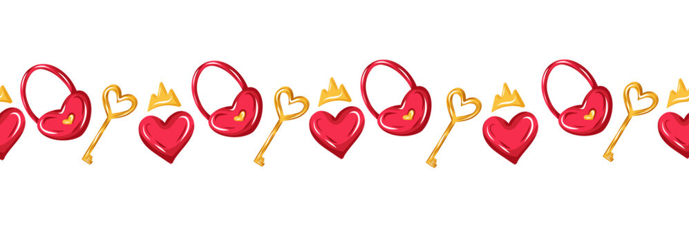 Red heart locks, golden keys and glossy hearts with crown. Vector seamless border. Romantic love symbols for wedding designs, cards, wrapping paper, textiles, and wallpapers, stationery