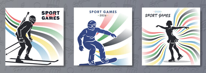 Obraz premium Set of posters for the 2026 sport games championship in Italy with silhouettes of alpine skiing, figure skating, snowboarding against Olympic color stripes or colorful wavy rainbow on white background