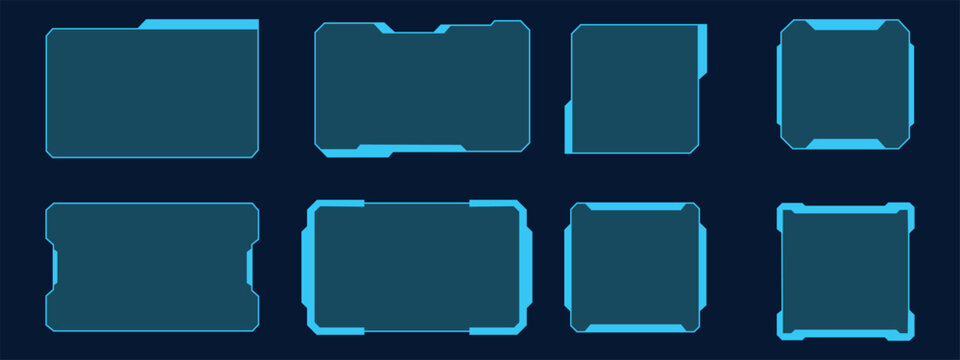 Futuristic HUD frame. Digital futuristic hud interface panels, hologram high tech screen, modern interface window. Blue digital interface screen, High tech gaming border symbol. Vector illustration.