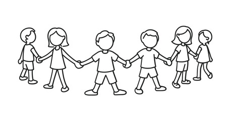 Simple doodle illustration of five stick figures holding hands in a row