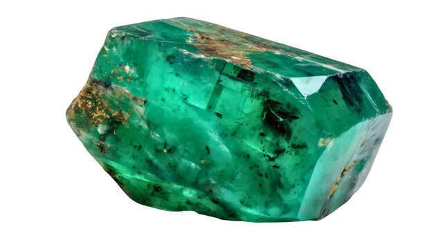 Rough Emerald crystal chunk isolated on white, raw green beryl mineral, stone of successful love, heart chakra healer, geology specimen.