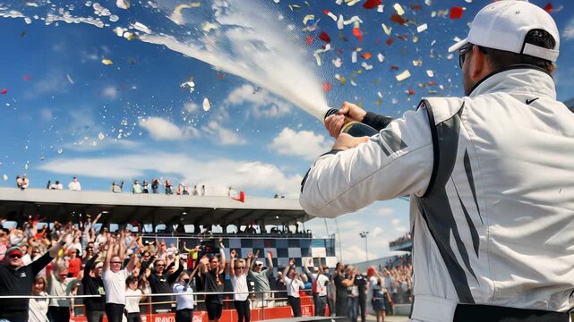 A race car driver celebrating victory by spraying champagne on the podium in front of cheering fans at a racetrack. The concept of motorsport success, championship celebration, competition.