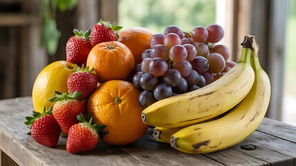 A vibrant assortment of fresh fruits arranged on a wooden surface