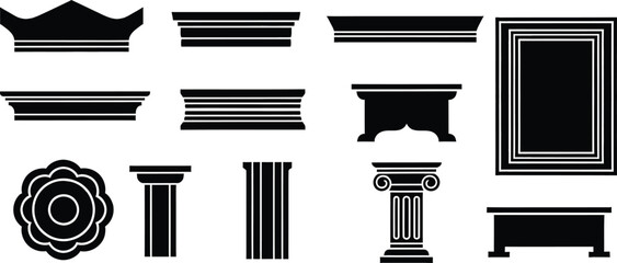 Obraz premium A collection of architectural elements and classical decorative motifs in black silhouette