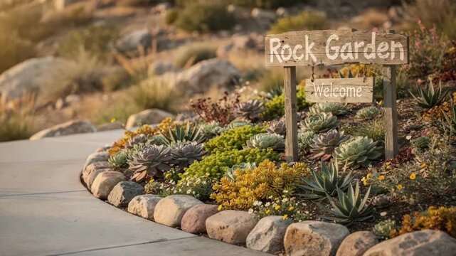 Rock garden border along a sloped entrance walkway capturing a mix of lowgrowing succulents and rustic signage with blurred natural hillside in the background.