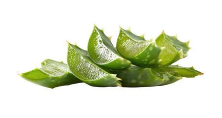 Close-up of fresh, juicy, green aloe vera plant slices with jagged edges on a black background