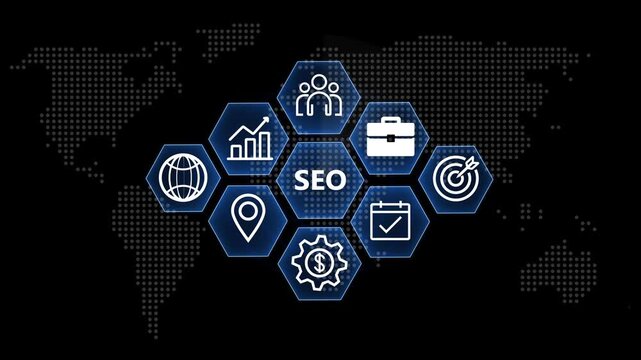 SEO Search engine optimisation digital marketing business technology concept. Business, Technology, Internet and network concept on world background. 4k video