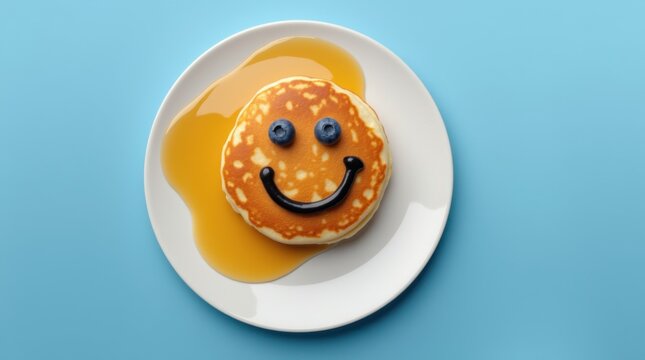 A cheerful pancake with blueberry eyes and syrup smile brightens up a vibrant blue table 
