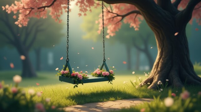 Empty swing in a blossoming garden 
