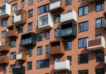 Modern apartment building with multiple balconies and brick facade exterior