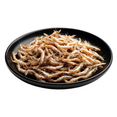 A black plate piled high with golden-brown, crispy, savory small dried shrimp delicacy