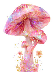 Enchanting pink iridescent mushrooms sparkle with glitter amidst whimsical golden foliage