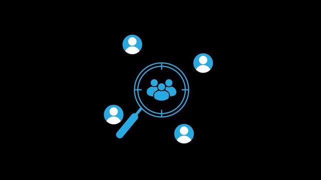 Target audience and customer segmentation concept. People icons highlighted through magnifying glass. Business marketing, recruitment, and user analysis. 2D Animation. 4K resolution with alpha channel
