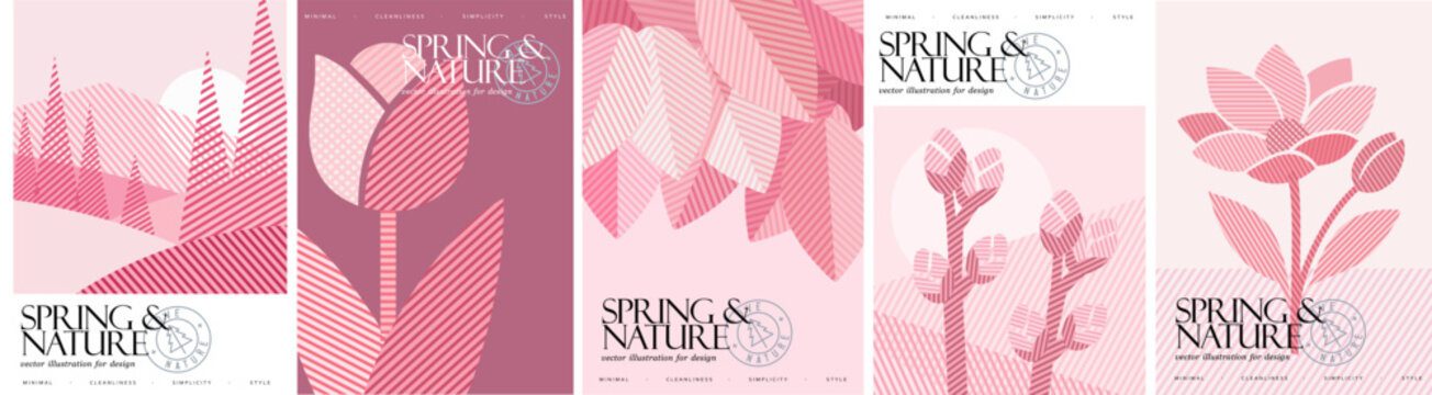Spring and nature. Minimal modern geometric abstract illustrations of flower, leaves, landscape, tree, a branch with buds, and tulip for poster, design, card, background, brochure, cover, and flyer.