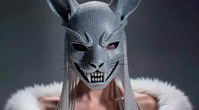 Person wearing a wolf mask and white fur coat indoors