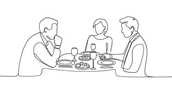 Continuous line drawing of three people dining at a table with food and drinks