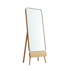 A tall, white, blank vertical display board stands on a modern, light wooden easel stand