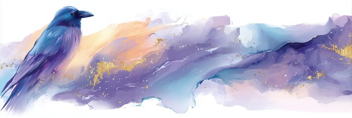 Fototapeta premium Illustration of raven bird in soft watercolor style with abstract flowing background, elegant artistic wildlife composition, isolated on a white background