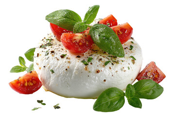 A fresh white cheese ball topped with diced red tomatoes, green basil leaves, and seasoning