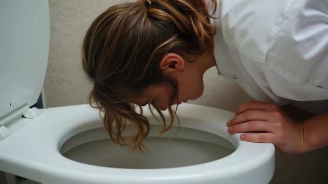 Woman experiencing sickness and stomach pain, leaning over toilet bowl 
