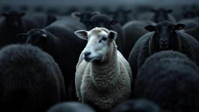White sheep among a flock of black sheep isolated individual difference from group farm. 
