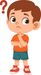 Obraz premium Flat vector illustration of a boy character with a thinking facial expression. Suitable for emotion visuals, children education, problem solving themes, social emotional learning, stickers, posters.