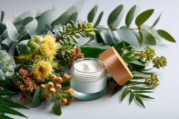 Natural body butter with essential oils surrounded by fresh greenery and flowers, creating serene and inviting atmosphere