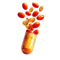 Clear capsule spilling vibrant red and golden nutrient pills and tiny berries on black