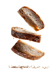 Three uneven rustic bread slices suspended with falling crumbs on a black backdrop
