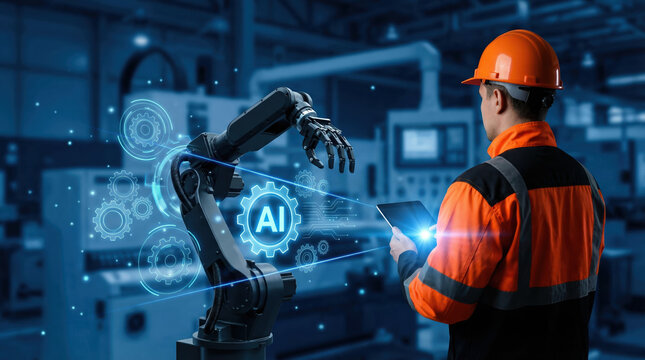 Engineer using a tablet to control an AI powered robotic arm in a modern manufacturing facility.