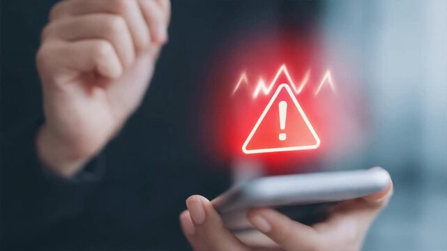 Close-up of a hand using a smartphone with an alert notification symbol on the screen.