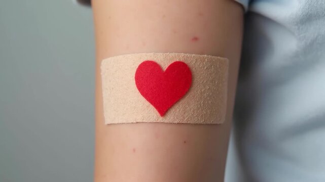 Beige adhesive bandage with red heart is covering injection site on patient's arm after vaccination 
