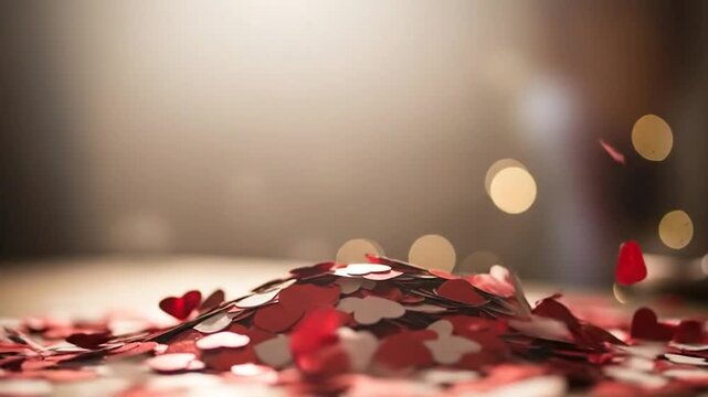 Floating Red Hearts and Petals Romantic Bokeh Background