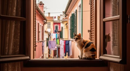Naklejka premium Calico cat sitting on a window sill overlooking a colorful european street with laundry and shuttered houses