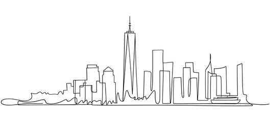 A continuous line drawing depicts the new york city skyline in monochrome