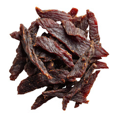 Circular pile of dark, savory, dried meat strips, textured and rich in protein, a snack