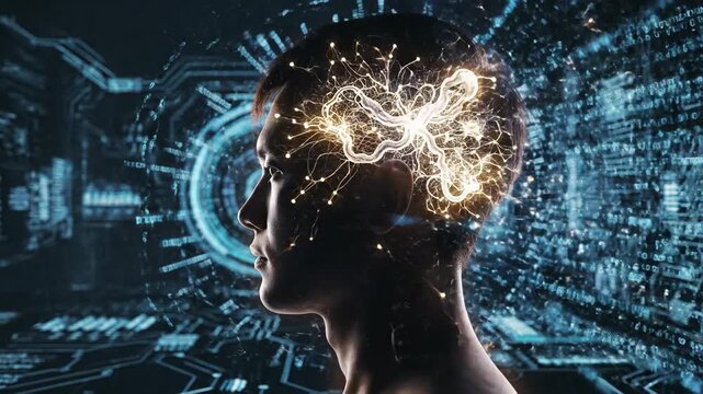 Glowing profile of person with electric brain and tech pattern overlay, blue hue